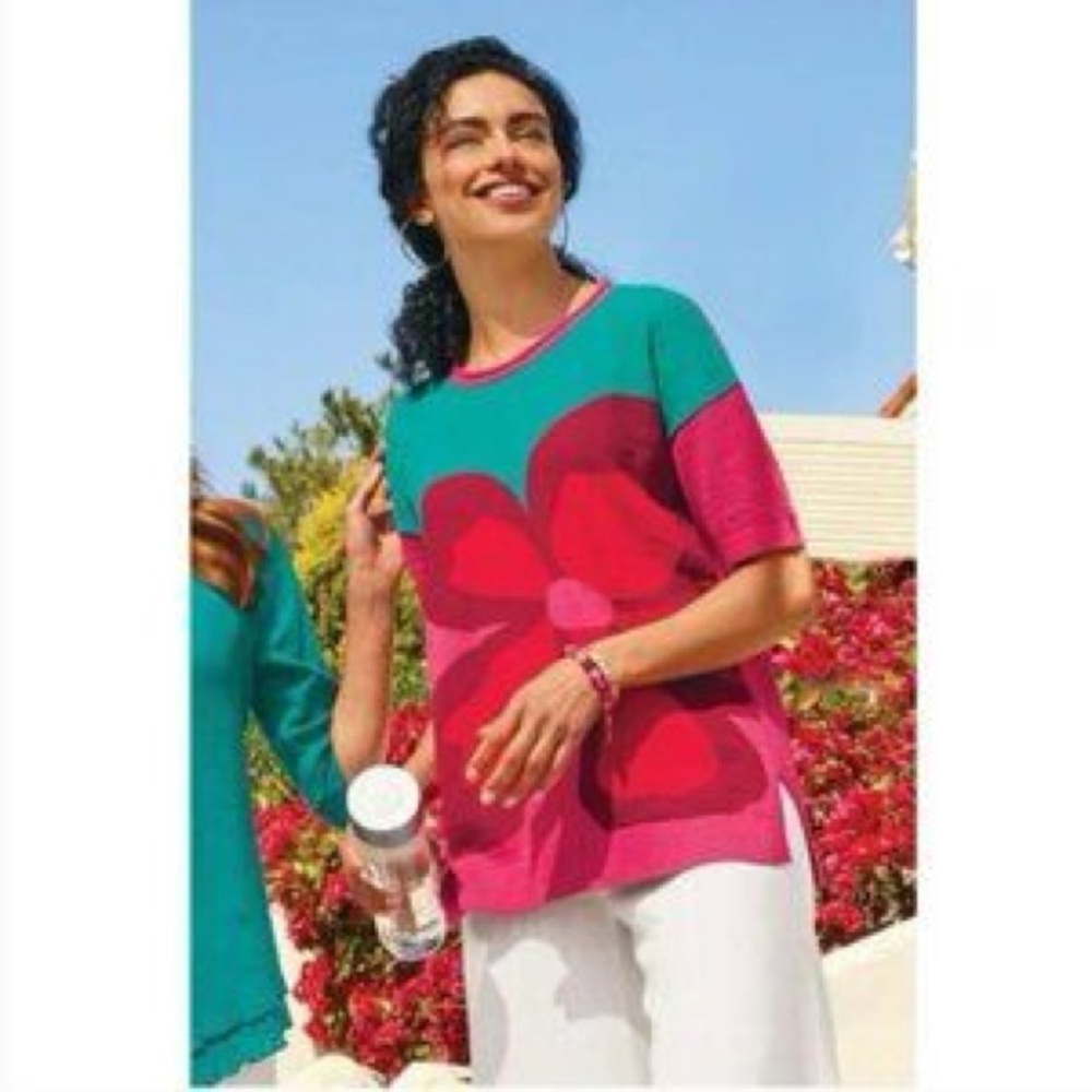 Soft‎ Surroundings Biosphere Flower Sweater Top XL Colorblock Pink Retro Mod 70s